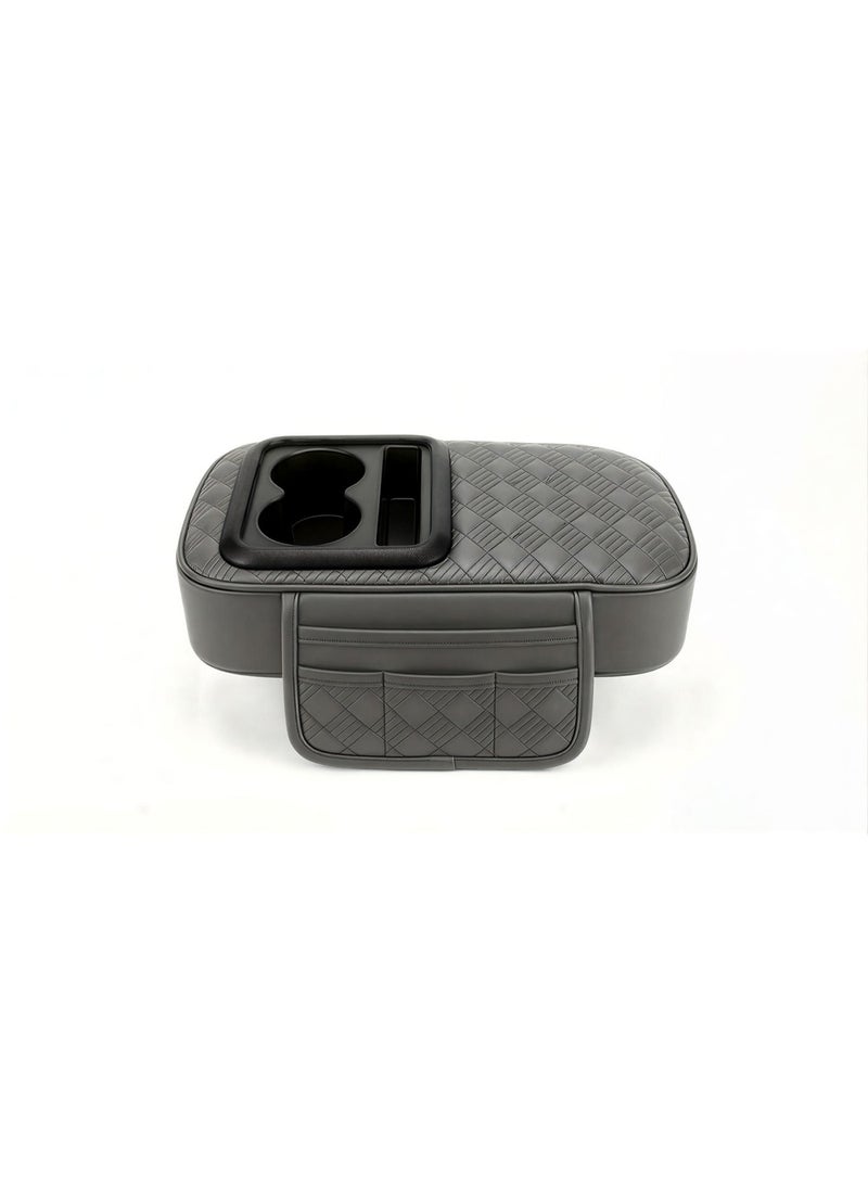 general Leather car armrest with cup holder and pockets for small items, padded design, - grey - Image 2